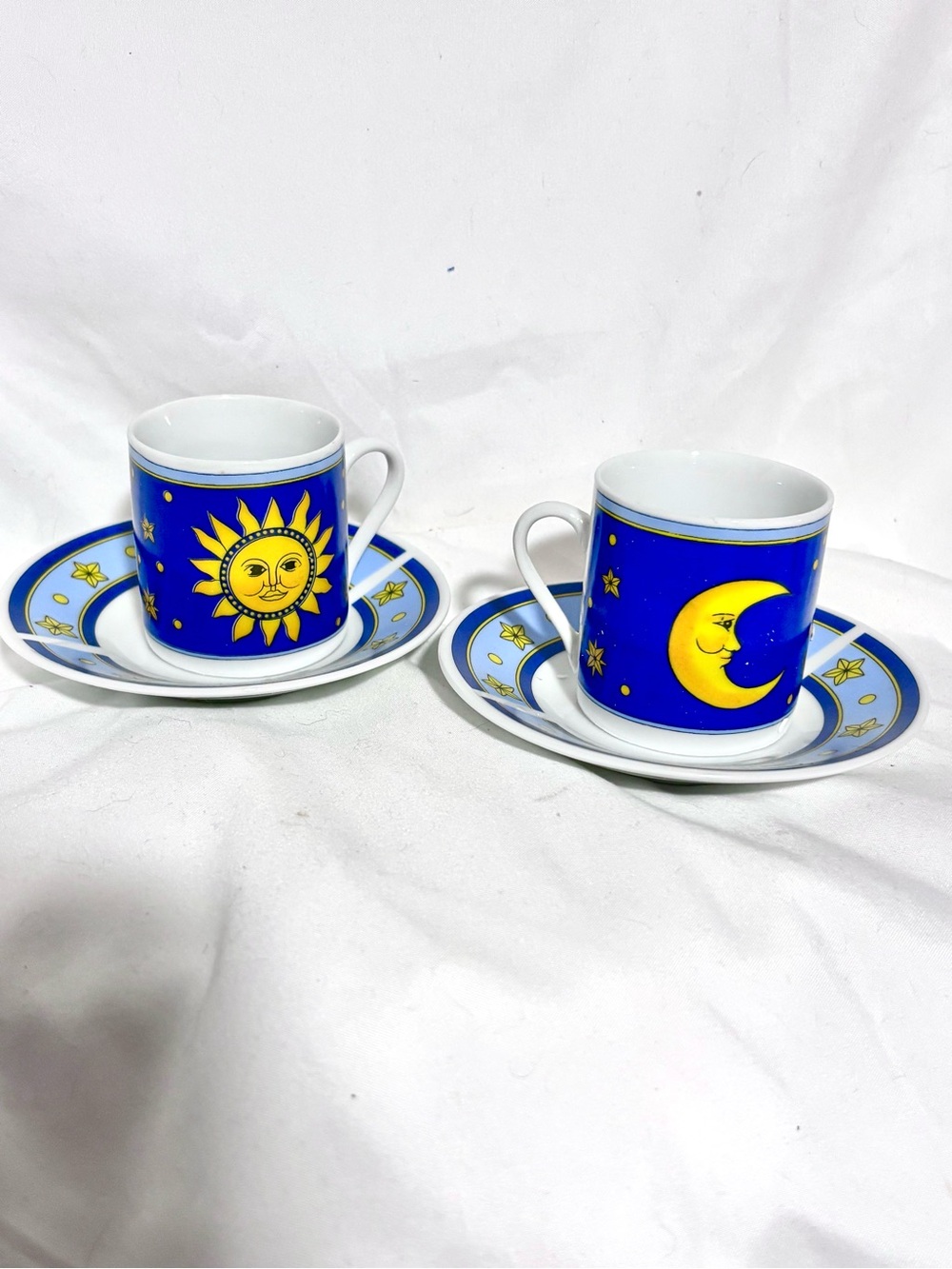 Sun & Moon Blue Porcelain Espresso Cups with Saucers
